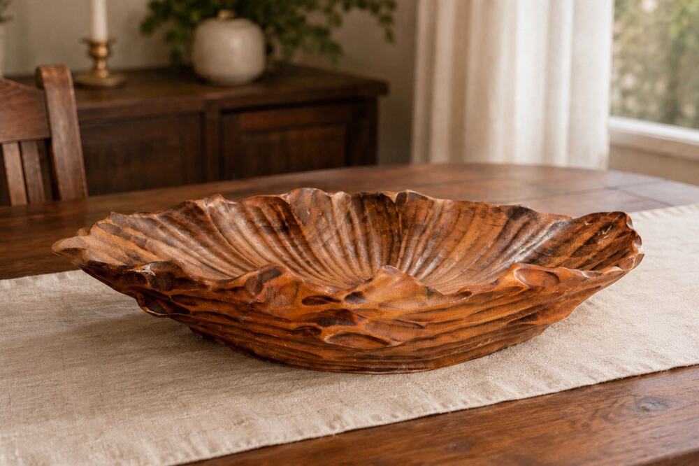 Vintage 70s Large Wood Leaf Bowl Monkey Pod Handmade Fruit Bowl Nut Dish